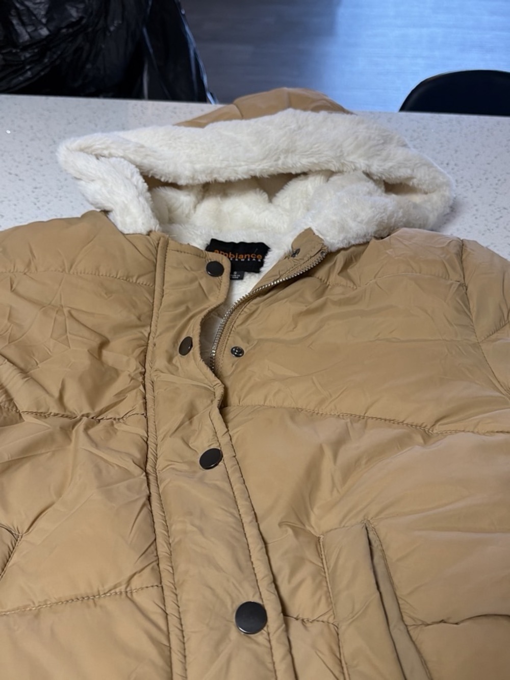 Ambiance Women'Small Faux Fur Lined Puffer Jacket Brown Small